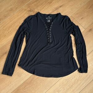 American Eagle Outfitters Navy Blue Lace-Up Long Sleeve Top.  Women Small